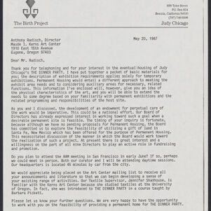 Typewritten letter to Anthony Radisch from Mary Ross Taylor on The Birth Project letterhead