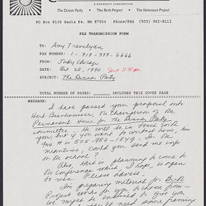 Handwritten memo to Amy Trevelyn from Judy Chicago on Through the Flower fax cover page