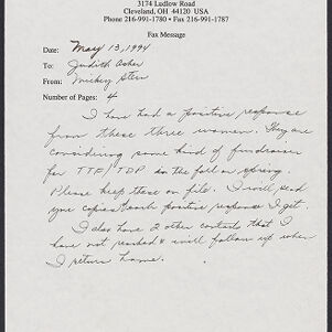 Handwritten memo to Judith Asher from Mickey Stern on printed Al and Mickey Stern fax cover page
