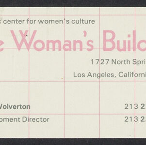 Printed business card for Terry Wolverton, Development Director of The Women's Building with pink and gray text over a pink grid on white paper