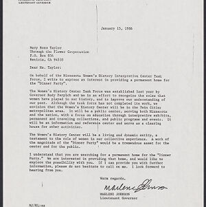 Typewritten letter to Mary Ross Taylor from Marlene Johnson on State of Minnesota letterhead