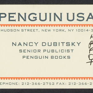 Printed business card for Nancy Dubitsky of Penguin USA printed in dark gray ink with two horizontal lines of orange trim Handwritten annotation in black ink