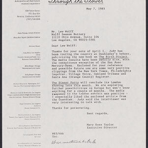 Typewritten letter to Lew Wolff from Mary Ross Taylor on Through the Flower letterhead