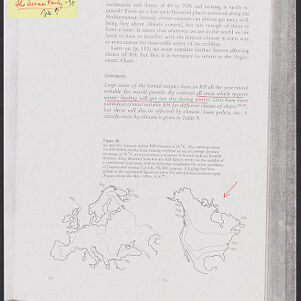 Photocopy of a book page with maps of Europe and United States with handwritten annotations in red and black ink on the page and on a yellow sticky note in the upper left
