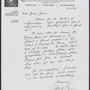 Handwritten letter to Judy Jones from Judy Chicago on Through the Flower letterhead
