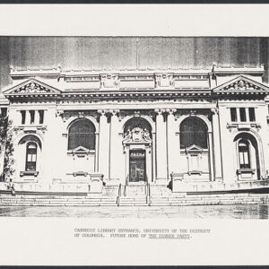 A black and white photocopy of a photograph of the facade of the Carnegie Library at the University of the District of Columbia, a Beaux-Arts building with four round arches, two triangular, decorated pediments and a wide stairway leading to the front door