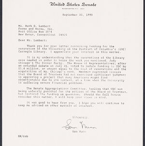 Fax copy of a typewritten letter to Ruth D Lambert from Sam Nunn on United States Senate letterhead