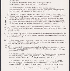 Fax copy of a printed memo to Pat Mathis, Judy Chicago, and Through the Flower from Mary Ross Taylor with handwritten annotations