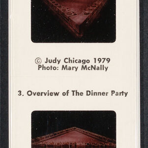 Printed vertical strip with five 35 millimeter slides of various views of The Dinner Party installation