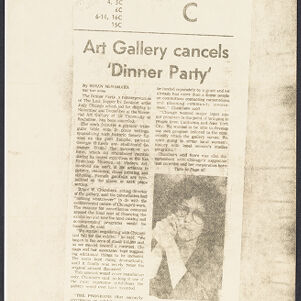 Photocopy of a news article about the cancellation of an exhibition of The Dinner Party with a photo of Judy Chicago clasping her hands next to her face in the lower right