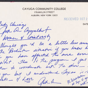 Handwritten memo in blue ink on Cayuga Community College letterhead with an ink stamp in the upper right