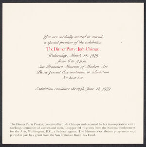 Printed invitation to The Dinner Party exhibition in black and red type