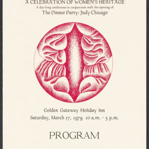 Printed cover of a conference program on off-white paper with a circular illustration in red of a vaginal shape surrounded by organic folds and whorls 