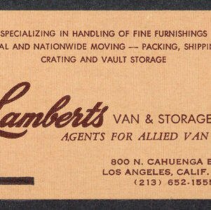 Printed business card with brown text on light brown paper for Lamberts Van and Storage