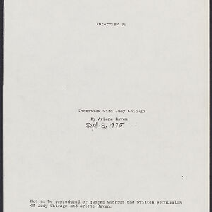 Typewritten cover page for an interview with Judy Chicago by Arlene Raven with handwritten annotation