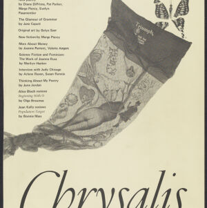 Printed cover of Chrysalis journal with a black and white image of a sheer stocking printed with images of women and animals Butterflies emerge from the top of the stocking