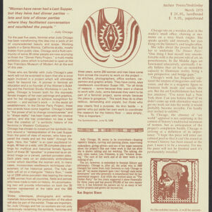 Printed article about The Dinner Party in brown ink on beige paper includes a circular illustration of a vaginal shape surrounded by wavy lines, a photograph of a plate with raised ridges on a circular placemat, and an illustration of a figure holding a staff standing in front of another figure seated at a table