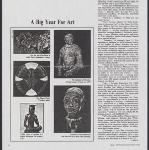 Black-and-white photocopy of an article from the San Francisco Sunday Examiner and Chronicle about upcoming art exhibitions includes photographs of five art objects: a clay relief of a bison, a suit of metal armor, a plate decorated with a radiating abstract pattern, a sculpture of a bald head, and a sculpture of a seated, cross-legged figure