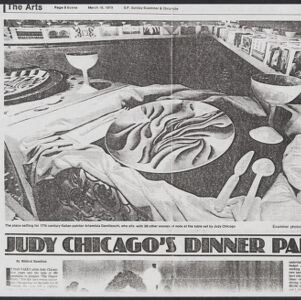 Black-and-white photocopy of an article from the San Francisco Sunday Examiner and Chronicle about The Dinner Party Includes a photograph of a place setting with other settings on the triangular table in the background