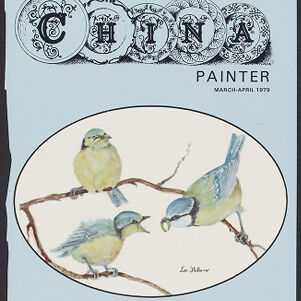 Cover of the magazine The China Painter with a full-color oval painting of three yellow and blue birds perched on a branch where one bird is feeding another with an insect in its beak