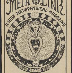 Black-and-white printed cover of Metalink magazine with an illustration of a heart surrounded by wings and two human faces contained in a circle decorated with diagrams of the stages of the moon and flowers