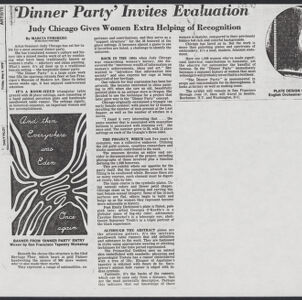 Black-and-white photocopy of an article from Daily Pilot with two illustrations, an abstract design with organic white lines and text, and a circular drawing of a piano