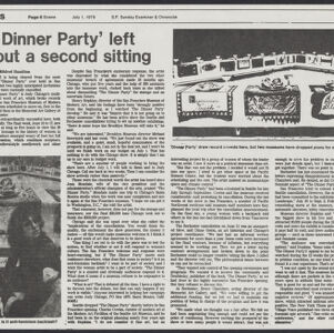 Black-and-white photocopy of an article from the San Francisco Sunday Examiner and Chronicle with two photographs, one of a triangular table lined with place settings and an open center, and portrait of Judy Chicago, a woman sitting cross-legged on the floor in front of the triangular table