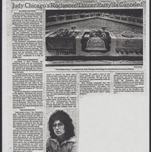 Black-and-white photocopy of an article from The New York Times with two photographs, one of a triangular table lined with place settings and an open center, and one of Judy Chicago wearing sunglasses