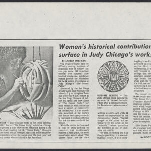 Black-and-white photocopy of an article about The Dinner Party with two illustrations, a photograph of Judy Chicago, a woman with short, curly hair wearing eyeglasses and working on a round sculpture of a vulva-like form, and one of an abstract, radiating design contained in a circle