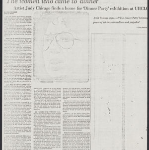 Black-and-white photocopy of a newspaper article with a photographic portrait of Judy Chicago, a woman wearing eyeglasses