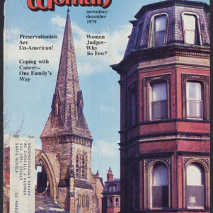 Full-color printed cover of Graduate Woman with two brick and stone buildings One is a pointed church spire
