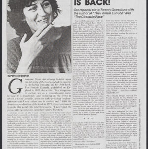 Black-and-white photocopy of an article about Germaine Greer with a photographic portrait of a woman with short, dark, wavy hair She is holding her hand to her chin
