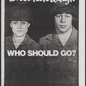 Black-and-white photocopy of cover of Houston Breakthrough with a photograph of two people, a woman and a man, wearing military helmets and uniforms