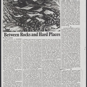 Black-and-white photocopy of a printed article by Kay Larson about The Dinner Party includes an image of a Marsden Hartley landscape painting of undulating fields and hills