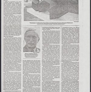 Black-and-white photocopy of a newspaper article about the San Francisco Museum of Modern Art in The New York Times includes a photo of an outdoor sculpture composed of black geometric shapes and photographic portrait of Henry T Hopkins