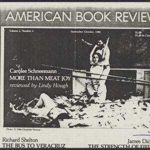 Black-and-white photocopy of a cover of American Book Review with a photograph of a man holding a woman in a chokehold in a room littered with debris and strung with ropes Another woman is lying at their feet