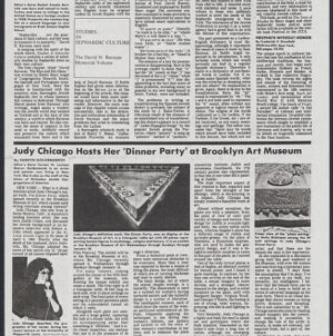 Black-and-white photocopy of a newspaper article about The Dinner Party in the St Louis Jewish Light includes a photograph of a triangular table lined with place settings and open in the center, a photographic portrait of Judy Chicago holding a microphone, and a photograph of a place setting