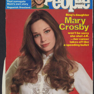 Full-color, printed cover of People magazine with a large, photographic portrait of Mary Crosby and a smaller photographic portrait of John Denver
