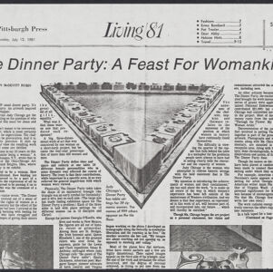 Black-and-white photocopy of an article from The Pittsburgh Press about The Dinner Party includes a photograph of a triangular table lined with place settings with an open center