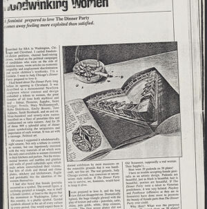 Black-and-white photocopy of an article from Cleveland about The Dinner Party includes a photograph of an open book on a table with an ashtray full of cigarette butts The book includes images of a triangular table lined with place settings and a smaller illustration of an organic, abstract, vaginal form
