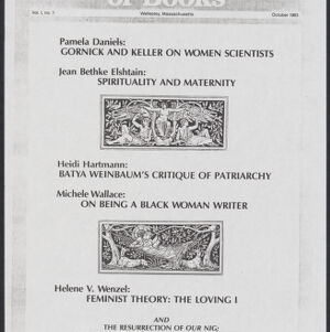 Black-and-white photocopy of the cover of The Women's Review of Books with two small illustrations, one of a winged woman with two reclining women, and a woman reading in a hammock flanked by two reclining dogs