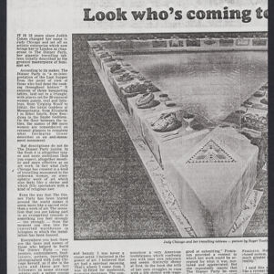 Black-and-white photocopy of an article from Guardian Women with a photograph of a triangular table lined with place settings and an open center