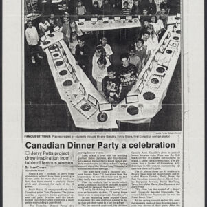 Black-and-white photocopy of an article from Calgary Herald with an overhead photograph of school children standing around a triangular table with an open center, lined with place settings