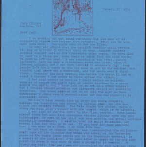 Typewritten letter to Judy Chicago on blue paper with a red illustration of a woman sitting in front of a castle and holding a book in her lap