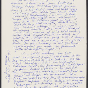 Handwritten letter to Judy Chicago in blue ink