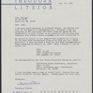 Typewritten letter to Judy Chicago from Theodora Litsios on Theodora Litsios printed letterhead