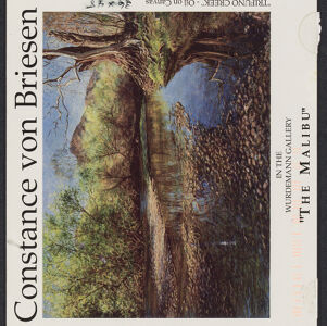 Full-color printed invitation card with a painting by Constance von Briesen of a creek with woods and green hills in the background