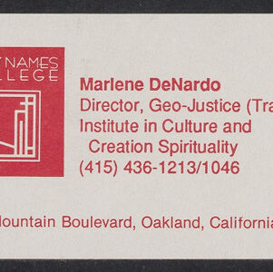 Printed business card for Marlene DeNardo, Holy Names College with an abstract, geometric symbol in red ink on white paper