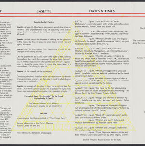 Printed brochure for The Dinner Party with black text and red accents overlaid on a yellow, upward pointing triangle filled with geometric designs