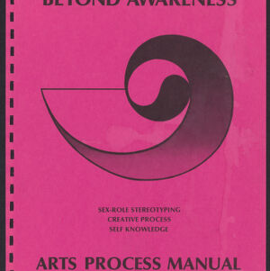 Printed cover for Beyond Awareness with a black illustration of a spiral on pink paper